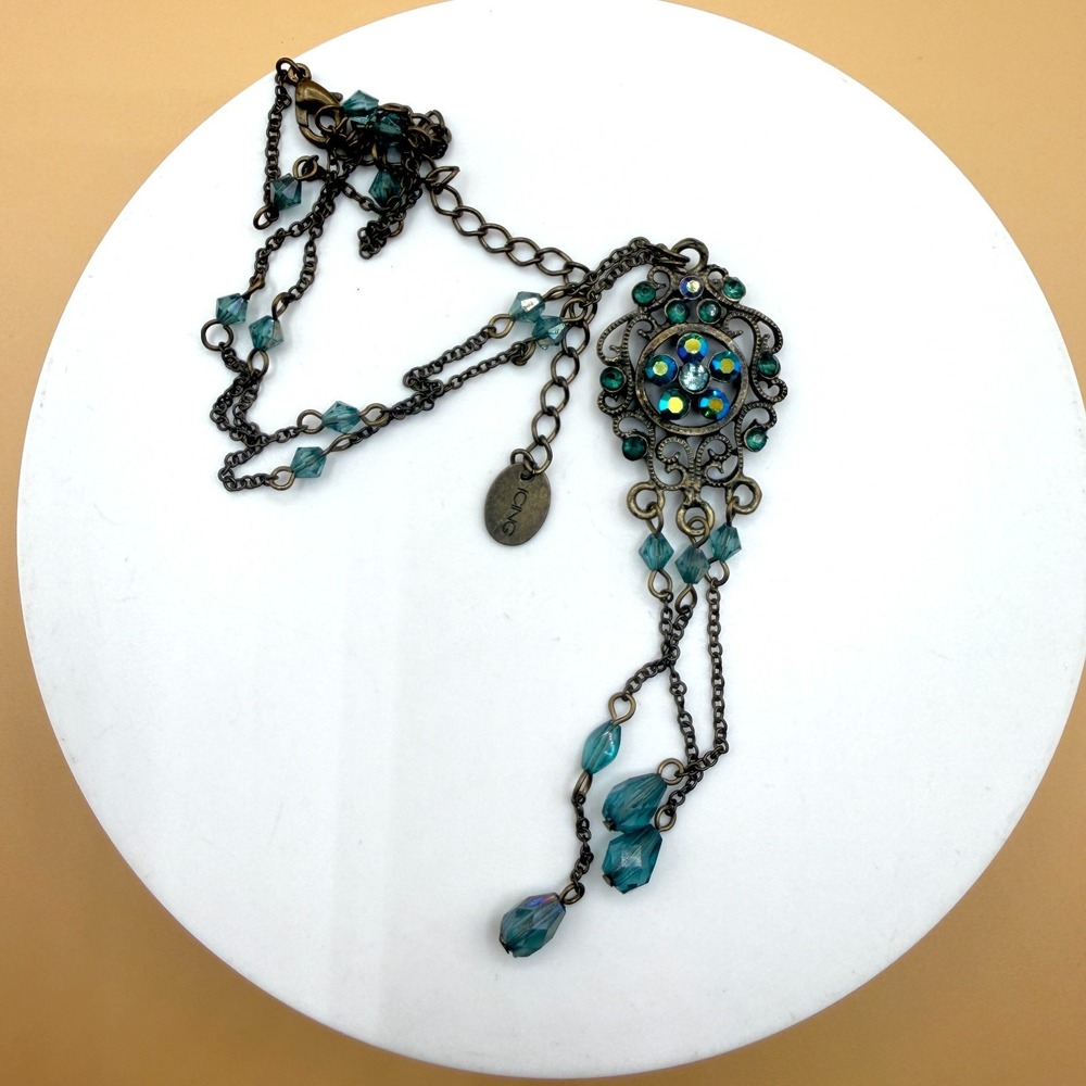 Icing Bronze Tone Teal Rhinestone Filigree Pendant Necklace Boho Gothic Vintage